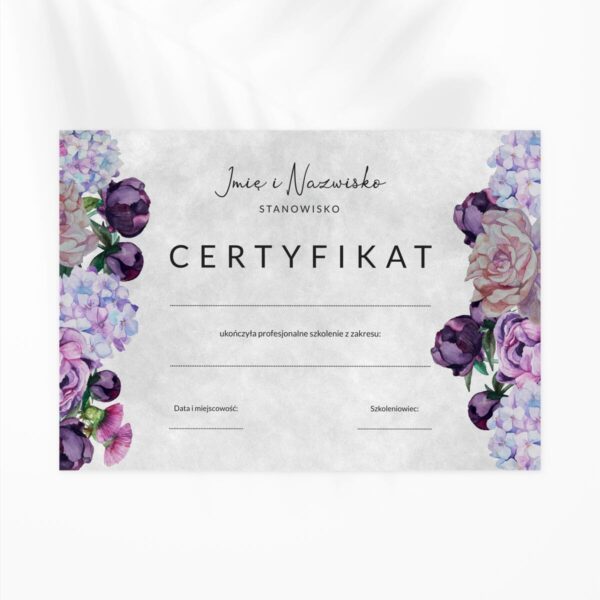 certyfikat na szkolenia fioletowe kwiaty