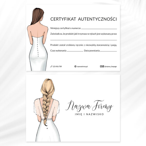 certyfikaty autentyczności do salonu sukni ślubnych